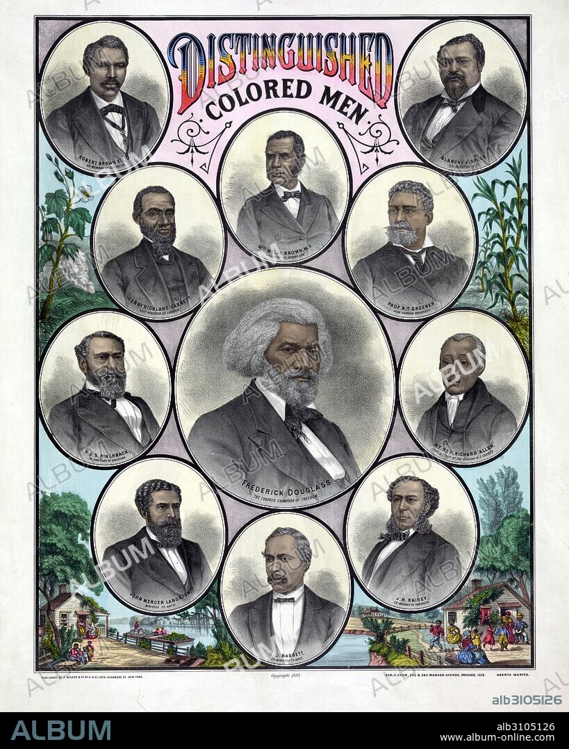 Distinguished coloured men, by A. Muller & Co., c1883. Chicago, Illinois. Head and shoulder portraits. Frederick Douglass (1818-1895), Blanche Kelso Bruce (1841-1898), William Wells, Brown, (1814?-1884), Richard Theodore Greener (1844-1922), Richard Allen (1760-1831), Joseph H Rainey (1832-1887), Ebenezer Bassett (1832-1908), John Mercer Langston (1829-1897), Pinckney Benton Stewart (1837-1921), Henry Highland Garnet (1815-1882).
