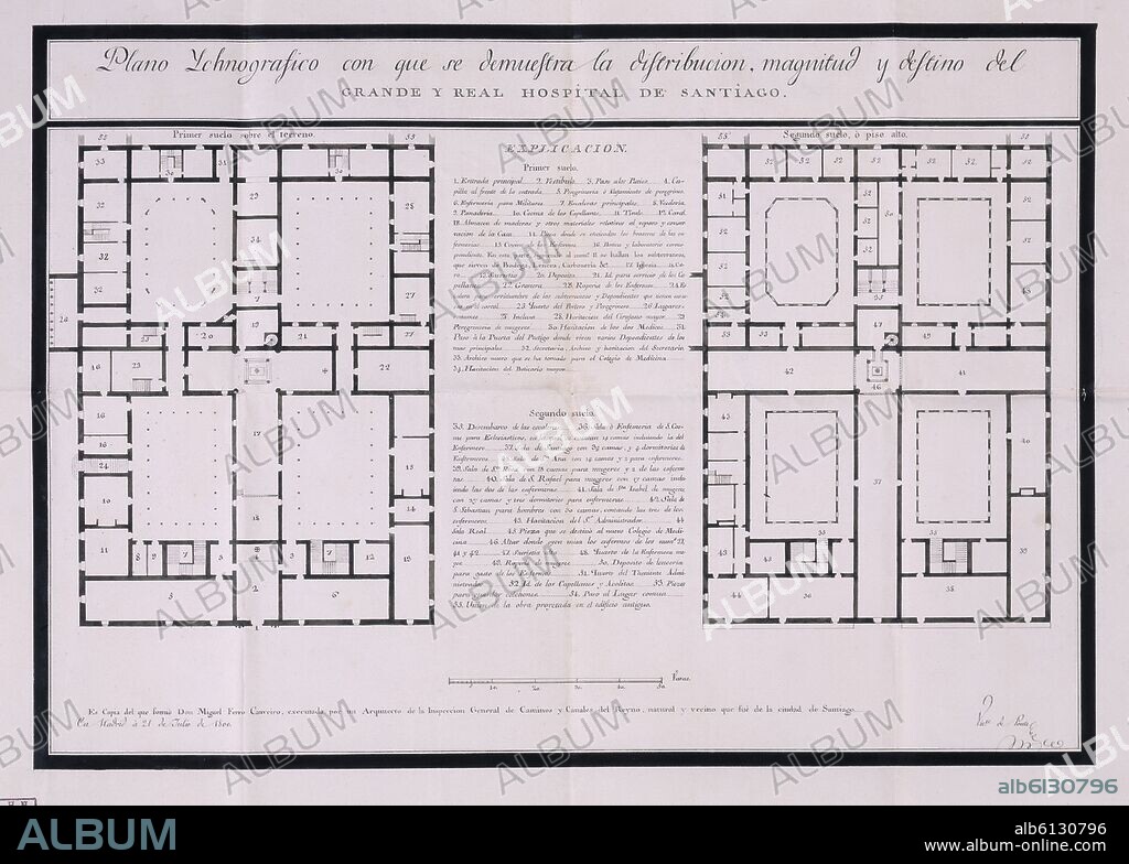 LUCAS FERRO CAAVEYRO (1699-1770). PLANOS DE LA PLANTA BAJA Y PISO NOBLE DEL HOSPITAL DE SANTIAGO-LEG 16185-PLANO Nº 672.