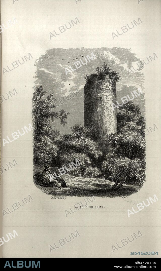 Duing Tower, Tour de Duin near Bex, signed: D'Aubigny; Laly, after p. 78, p. 124, Toepffer, Rodolphe (d'apres); D'Aubigny; Laly, Rodolphe Töpffer: Nouveaux voyages en zigzag, à la Grande-Chartreuse, autour du Mont Blanc, dans les vallées d'Hérens, de Zermatt, au Grimsel, à Gênes et à la Corniche. Éd. 5. Paris. Garnier, 1886.