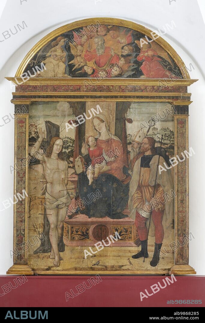 Sassocorvaro (Italy, Marche, province of Pesaro-Urbino), inside Rocca Ubaldinesca. Evangelista da Piandimeleto (attribution), Madonna and Child with Saints Sebastian, Roch and Nicholas of Bari.