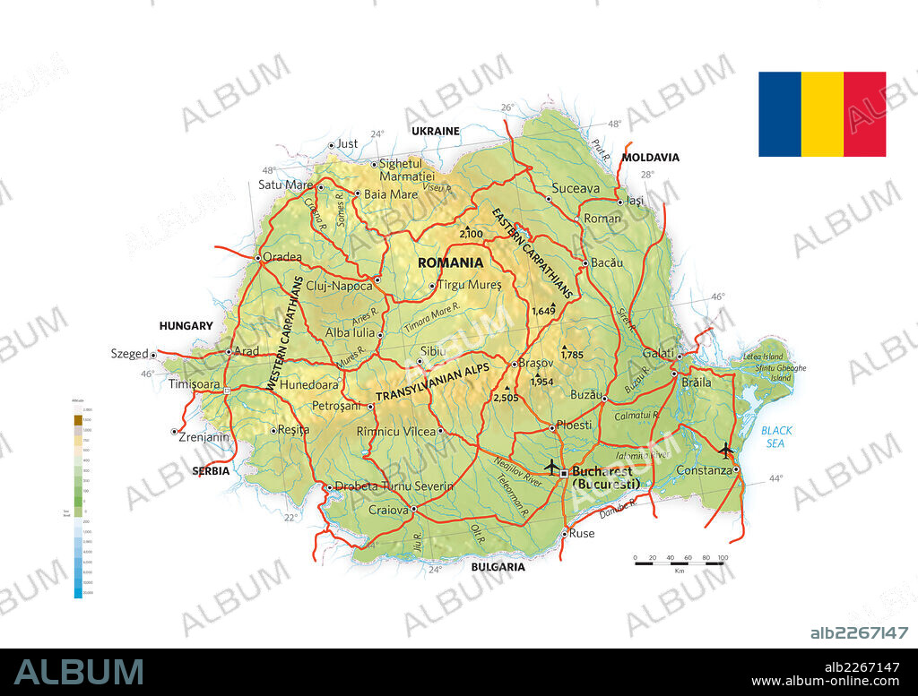 RUMANIA. Mapa físico y político de Rumanía.
