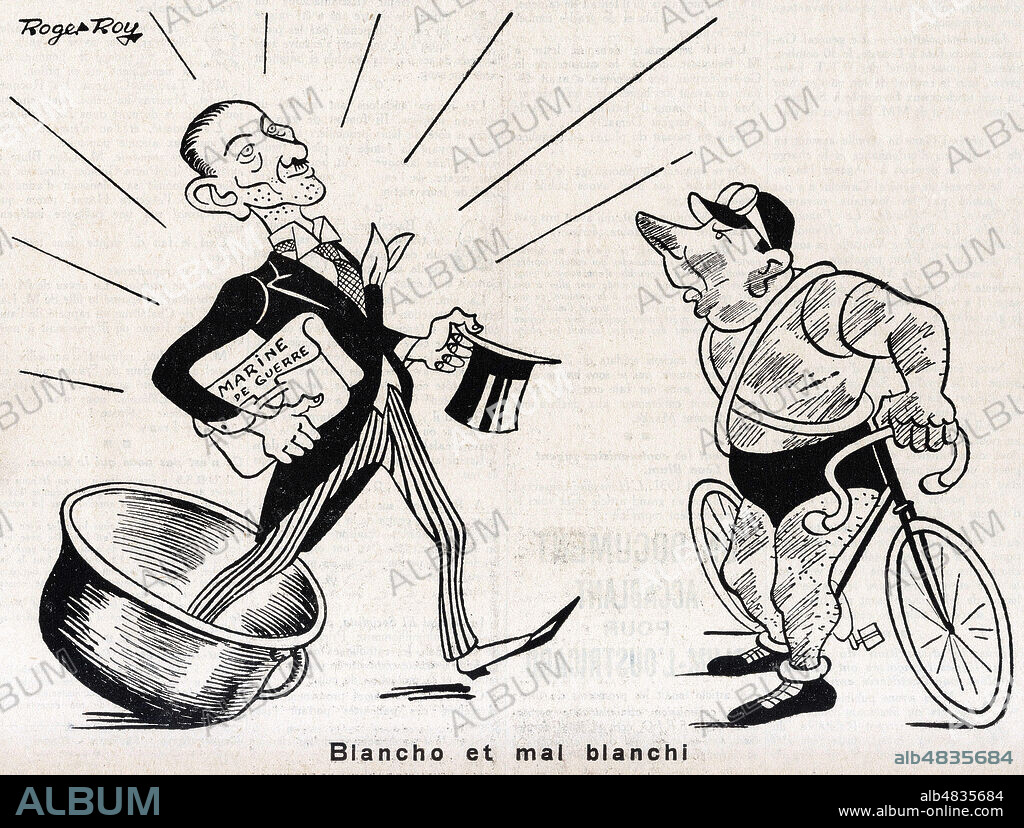 Blancho et mal blanchi. Caricature de Roger ROY (ne en 1900) accompagnant l'article declencheur de l'affaire SALENGRO. (Roger SALENGRO (1890-1936) est represente en cycliste et Francois BLANCHO (1893-1972) en sous-secretaire a la Marine sortant d'un pot de chambre) pour Gringoire du 6 novembre 1936. Credit : Collection Kharbine-Tapabor.