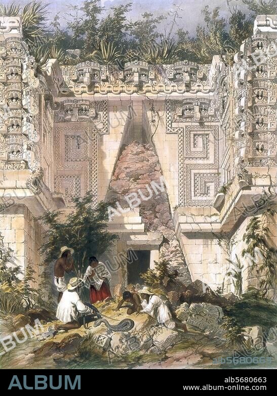 Uxmal (Mexique, Yucatan), Palais du Gouverneur (v. 1000 ap. J.-C.). Arche du Palais du Gouverneur ; au premier plan une chasse au cascabel (serpent à sonnette). Lithographie, coloriée, d'ap. dessin de Frederick Catherwood. In Views of Ancient Monuments in Central America, Chiapas and Yucatan ; Londres, 1844.