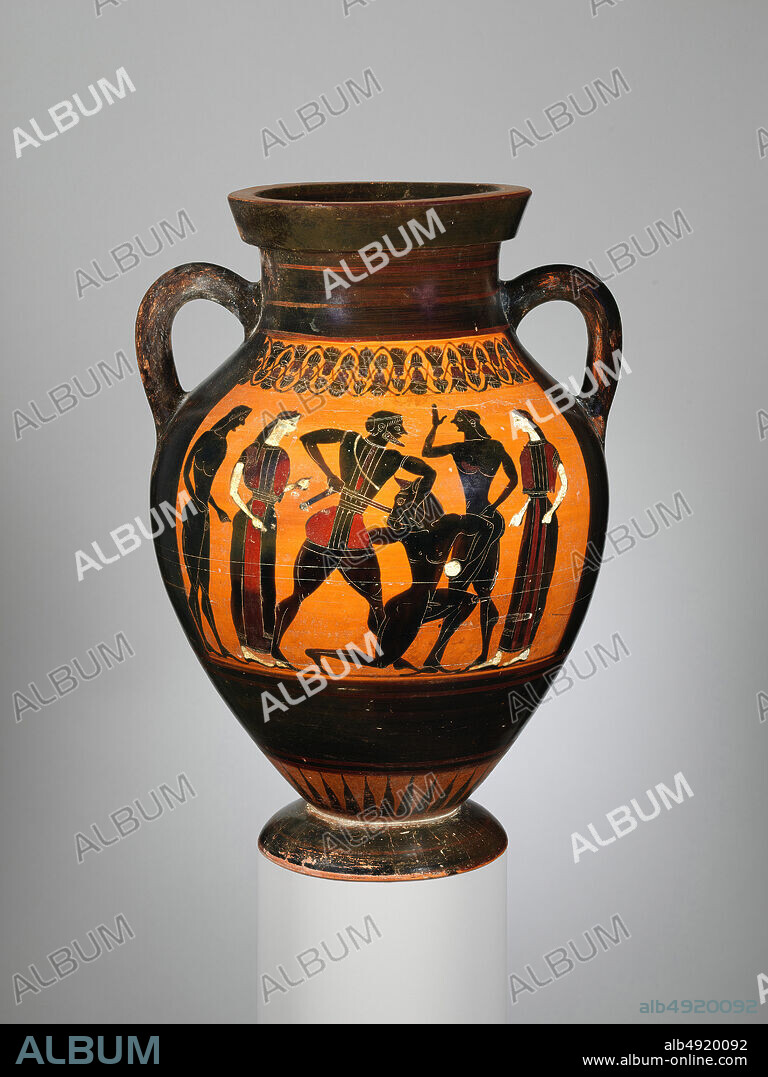 Attributed to Group E, Terracotta amphora (jar), Greek, Attic, Archaic, Date ca. 540 B.C., Greek, Attic, Terracotta; black-figure, H. 15 3/4 in. (40 cm), diameter of mouth 6 7/8 in. (17.4 cm), diameter of foot 6 1/8 in. (15.5 cm), Vases.