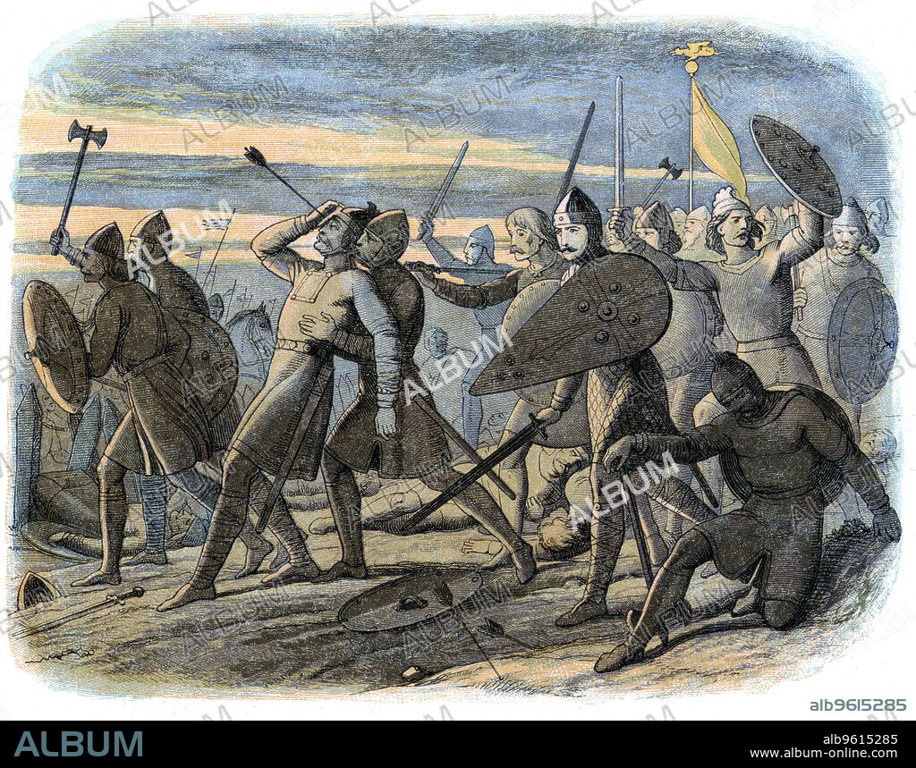 JAMES WILLIAM EDMUND DOYLE. Death of King Harold, Battle of Hastings, 1066 (1864). Harold II (c1022-1066) was nominated as his successor as King of Angles and Saxons by Edward the Confessor. His claim to the throne was disputed by William of Normandy, however, who landed at Pevensey, Sussex with an army on 28 September 1066. William and Harold's armies met in battle on Senlac Hill, 6 miles inland from Hastings, on 14 October, with the Normans winning the day. According to legend, Harold was killed by an arrow which struck him in the eye. Colour-printed wood engraving by James Doyle.