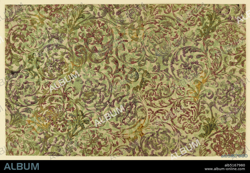 Bookpaper ('Dutch Gilt?), Ink, woodblock, stencil Support: paper, Pattern of curvilinear botanical motifs in light green, dark green, purple, and mustard inks; traces of stenciled gold; paper has been embossed by woodblock and/or stencil processes., Germany, 17001750, ephemera, Decorated paper, Decorated paper.