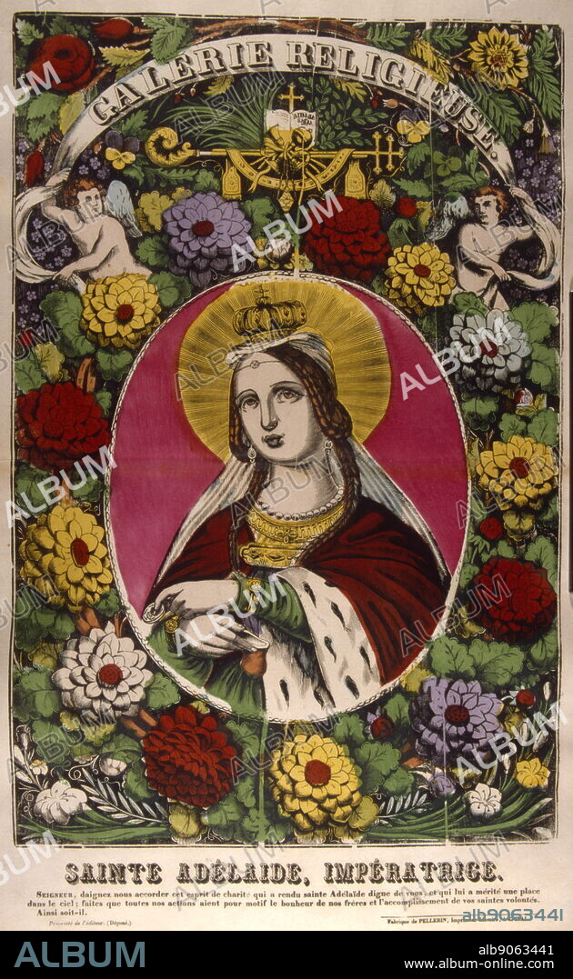 French 19th century illustration of St Adelaide of Italy (931 - 999); also called Adelaide of Burgundy, was a Holy Roman Empress by marriage to Holy Roman Emperor Otto the Great; she was crowned as the Holy Roman Empress with him by Pope John XII in Rome on February 2, 962. She was regent of the Holy Roman Empire as the guardian of her grandson in 991-995.