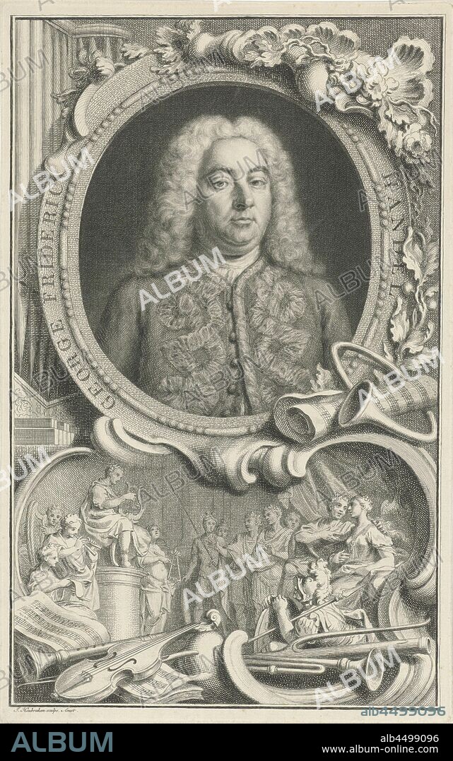 Portrait of George Friedrich Handel George Frideric Handel (title on object), Bust by George Friedrich Handel in an ornamental medallion with border lettering. Right below the portrait a roll of sheet music and a horn. Under the portrait a cartouche, within which a representation of a couple listening to music-making figures. At the bottom of the foreground various musical instruments and sheet music., Musical instruments, group of musical instruments, printed edition or musical score, more than one musician with instrument, listening to music, portrait or composer, Georg Friedrich Handel, Jacob Houbraken (mentioned on object), Amsterdam, 1708 - 1780, paper, engraving, h 371 mm × w 232 mm.