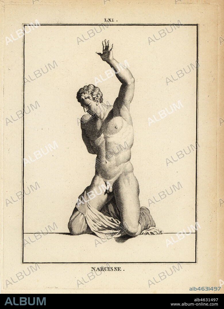 Statue of the beautiful hunter Narcissus, from Greek mythology. Copperplate engraving by Francois-Anne David from Museum de Florence, ou Collection des Pierres Gravees, Statues, Medailles, Chez F.A. David, Paris, 1787. David (1741-1824) drew and engraved the illustrations based on Roman statues, engraved stones and medals in the collection of the Museum de Florence and the cabinet of curiosities of the Grand Duke of Tuscany.