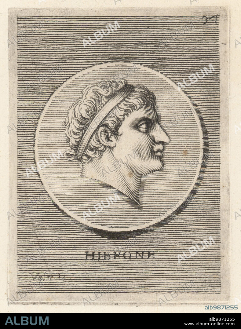 Hiero I, or Hieron I, tyrant of Syracuse, Sicily, 478 to 467 BC. Son of Deinomenes, and brother of Gelon. He sided with the Cumaeans in their battle against the Etruscans at the Battle of Cumae 474 BC. Head of a man wearing royal diadem from a bronze medal. Hierone. Copperplate engraving by Guillaume Vallet after Giovanni Angelo Canini from Iconografia, cioe disegni d'imagini de famosissimi monarchi, regi, filososi, poeti ed oratori dell' Antichita, Drawings of images of famous monarchs, kings, philosophers, poets and orators of Antiquity, Ignatio deLazari, Rome, 1699.