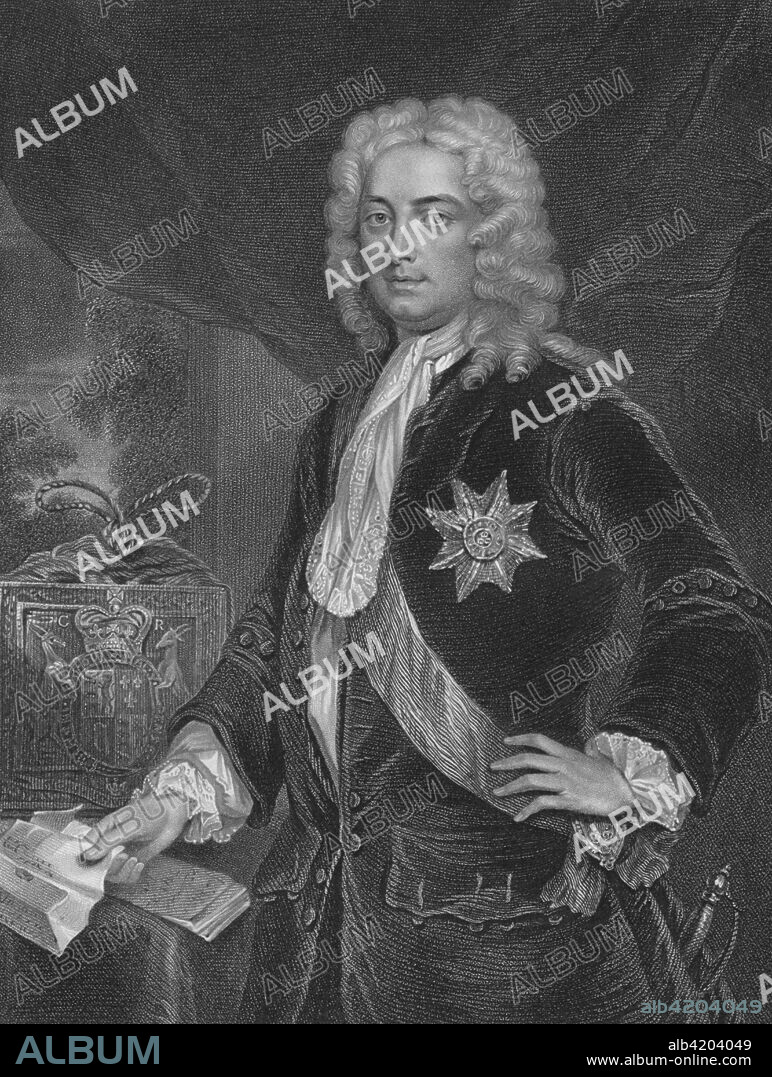 'Robert Walpole, Earl of Orford', 1725, (early-mid 19th century). Portrait of Sir Robert Walpole, Earl of Orford, English statesman. Although the title was never used to refer to him at the time, Walpole (1676-1745) is regarded as Britain's first Prime Minister. His administration lasted from 1721 until he resigned in 1742, longer than that of any Prime Minister since. Engraving after a painting by Charles Jervas commissioned by Walpole in 1725 as a gift for his one of his supporters, it shows him as Chancellor of the Exchequer standing beside the embroidered silk purse of the Chancellor of the Exchequer's Seal. 'From the original of Jarvis, in the collection of Thomas Walpole, Esquire'. [The London Printing and Publishing Company, London].