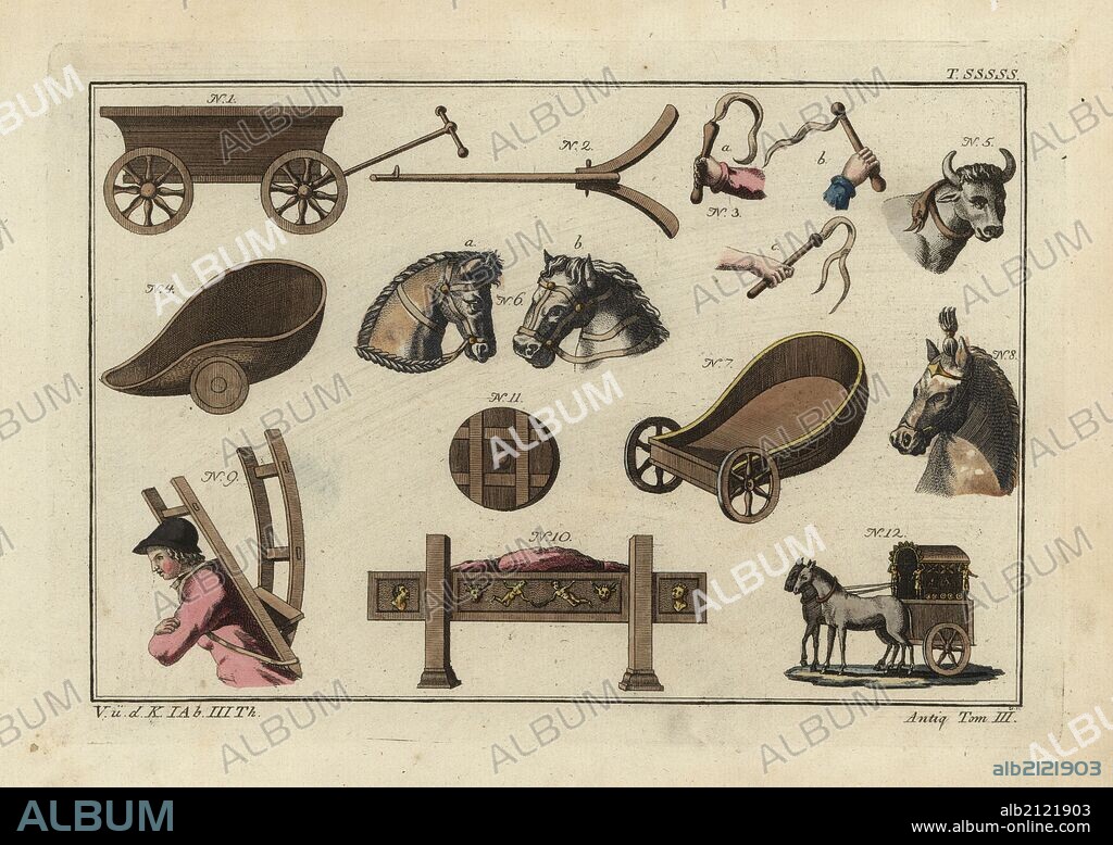 Roman transport paraphernalia: cart, cart beam, whips, yoke, reins, horse ornaments, racing chariots, wheel, backframe, stretcher and chariot of the Empress Julie. Handcoloured copperplate engraving from Robert von Spalart's "Historical Picture of the Costumes of the Principal People of Antiquity and of the Middle Ages," Chez Collignon, Metz, 1810.