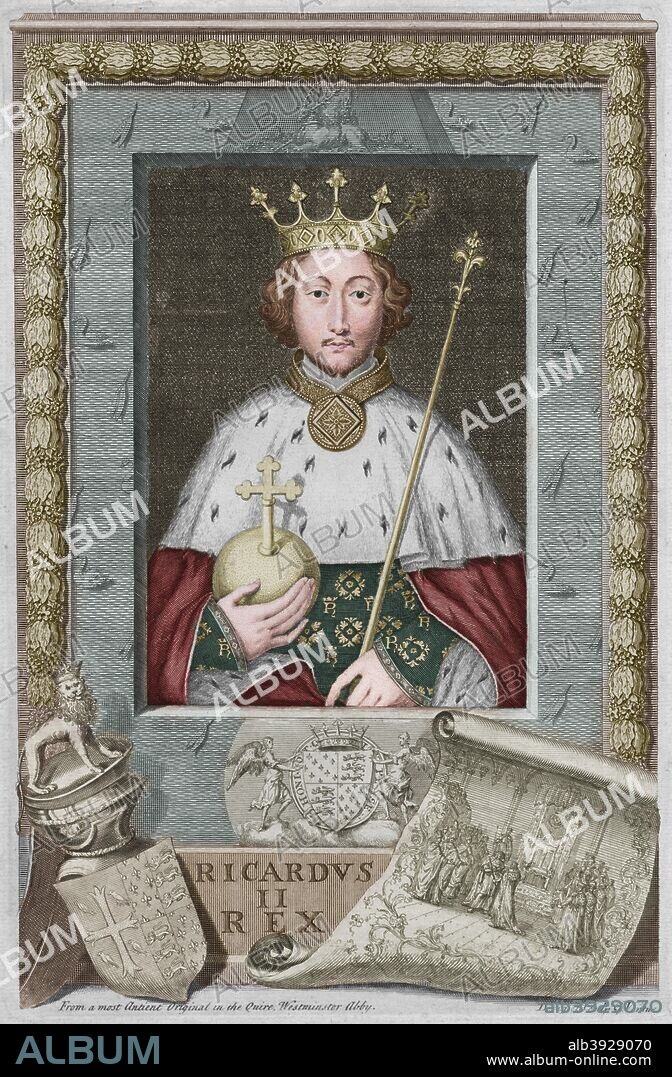 'King  Richard II', 1735. King of England from 1377 until deposition on 30 September 1399, House of Plantagenet. Took revenge on the Lord Appellants, whom he had executed or exiled. (Colorised black and white print).