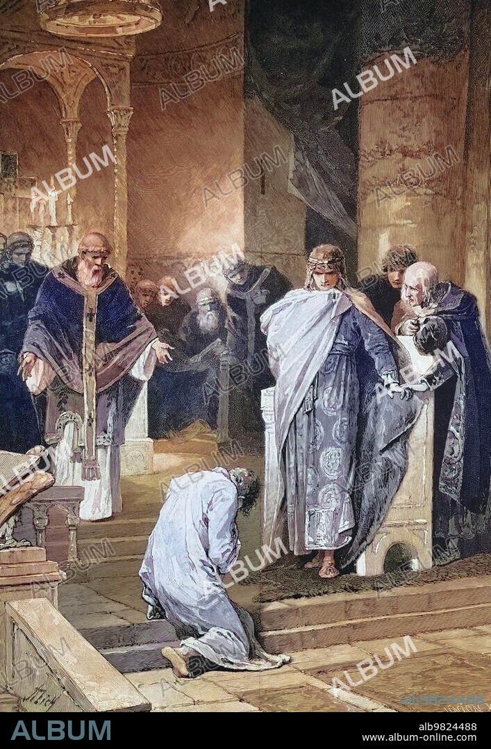 Otto I; Holy Roman Emperor; reconciles with his brother Henry; Historical; digitally restored reproduction of a 19th century original.