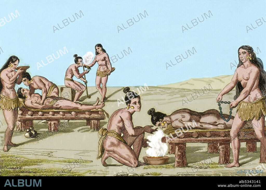 Indios americanos. Métodos de curación de enfermos en el siglo XVI. Grabado por Lemaitre, Vernier y Lebas. Coloreado. Historia de los Estados Unidos de América, por Roux de Rochelle, 1841.
