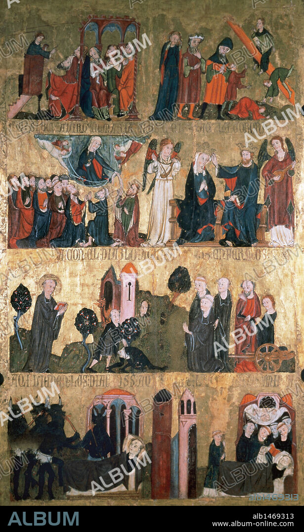ARTE GOTICO. ESPAÑA. "TABLAS DE SAN MILLAN". Cara interior de la puerta derecha del retablo del Monasterio de San Millán de Suso. Pintura al temple que data de finales del s. XIV, donde se representan escenas de la vida de San Millán y de la Vírgen. Museo de La Rioja. Logroño.