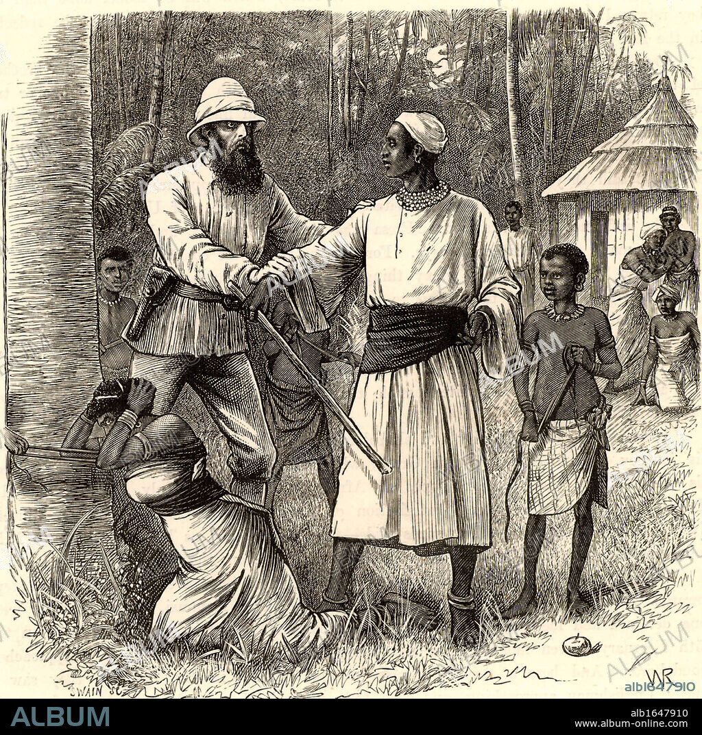 John Hanning Speke (1827-1864) born at Bideford, Devon, England.  Officer in the British Indian Army and explorer of Africa.  Accompanied Richard Burton's expedition (1855-1858), sponsored by the Royal Geographical Society, when he discovered Lake Victoria Nyanza. On a subsequent expedition of 1860-1862 he discovered the exit from the lake into the White Nile which he named Ripon Falls.  Here Speke is preventing M'tesa, the tyrant king of Uganda, killing one of his wives who had annoyed him. Engraving from 'Heroes of Britain in Peace and War' by Edwin Hodder (London, c1880).
