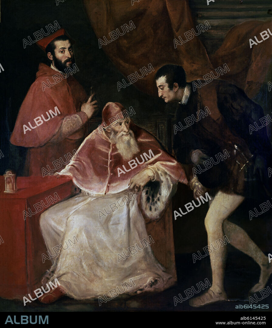 TIZIANO VECELLIO DE GREGORIO-TICIANO-. Paul III (Paolo III), pope from 1534 to 1549. Translation in progress. TIZIANO 1485/1576. *EL PAPA PABLO III (LLAMADO ALEJANDRO FARNESIO)CON OCTAVIO. NAPOLES, MUSEO CAPODIMONTE. ITALIA.