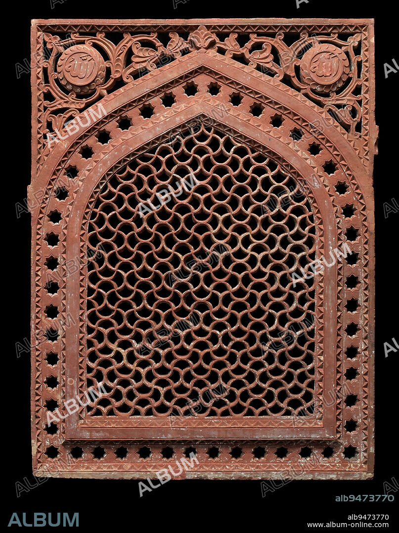 Jali (window screen), Mughal dynasty, c. 160020, 49 x 36 1/2 x 3 3/8 in. (124.5 x 92.7 x 8.6 cm), Red sandstone, India, Mughal dynasty, c. 160020, Islamic kingdoms of Turkish, Central Asian, and Afghan origins began to exert influence over portions of the Indian subcontinent by about 800 CE. Of them, the impact of the Mughals (reign 15261858), famous for building the Taj Mahal, was among the greatest and most enduring.