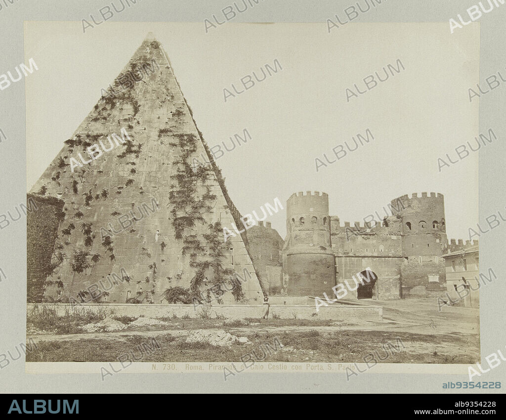 Pyramid of Gaius Cestius near the Porta San Paolo, Rome, N. 730. Roma. Pyramid di Caio Cestio con Porta S. Paolo (title on object), anonymous, Rome, c. 1880 - c. 1904, paper, albumen print, height 199 mm × width 256 mmheight 241 mm × width 327 mm.