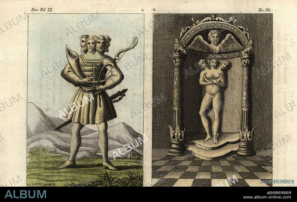 Ancient Germanic deities. Svetovid, Slavic war god with four heads worshipped by the Rugians, and Triglav, three-headed Slavic god, worshipped by the Vandals. Suantovito, Trigla. Handcoloured copperplate engraving by Nasi from Giulio Ferrarios Costumes Ancient and Modern of the Peoples of the World, Il Costume Antico e Moderno, Florence, 1844.