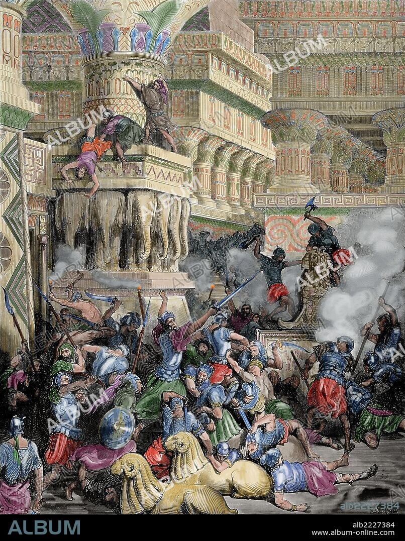 Jonathan Destroys the Temple of Dago. Bible Illustrations of Gustave Dore. 1 Maccabees 10: 83-89. Colored engraving.