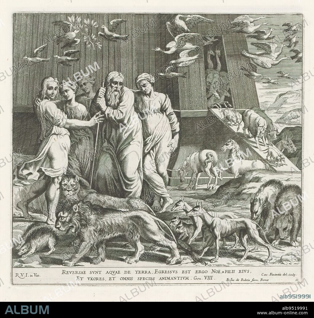 Noah leaves the ark after the flood, Raphael Bible (series title), Paintings in Raphael's Loggia (series title), Imagines Veteris ac Novi Testamenti (series title), Noah and his family leave the ark along with all the animals. Bible verse below the image. Print is part of an album., print maker: Cesare Fantetti, (mentioned on object), after drawing by: Cesare Fantetti, (mentioned on object), after painting by: Rafaël, (mentioned on object), print maker: Italy, after drawing by: Italy, after painting by: Vaticaanstad, publisher: Rome, Vaticaanstad, 1675, paper, etching, height 239 mm × width 256 mm.