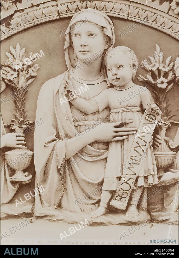 Luca della Robbia: Madonna with Child and Angels, detail, Via dell'Agnolo, Casa Tantini, 95, Florence, albumin paper, black and white positive process, image size: height: 24.90 cm; width: 18.90 cm, FIRENZE - Via dell' Agnolo, Casa Tantini. 95. La Vergine col Bambino. Dettaglio (Luca Della Robbia). Round stamp on verso, photography, Mary with Christ Child (Madonna), sculpture, sculpture, sculpture art.