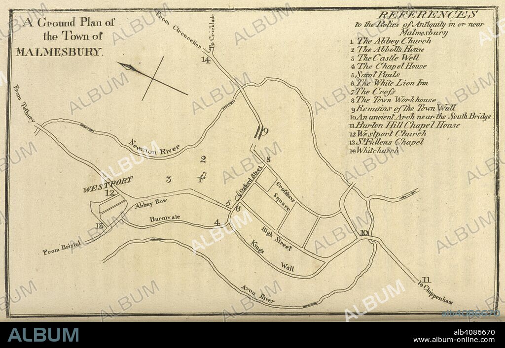 JAMES MOFFAT. A ground plan of the town of Malmesbury. The History of the Town of Malmesbury, and of its ... abbey, etc. Tetbury : J. G. Goodwyn, 1805. Source: G.3929, page 153. Language: English.