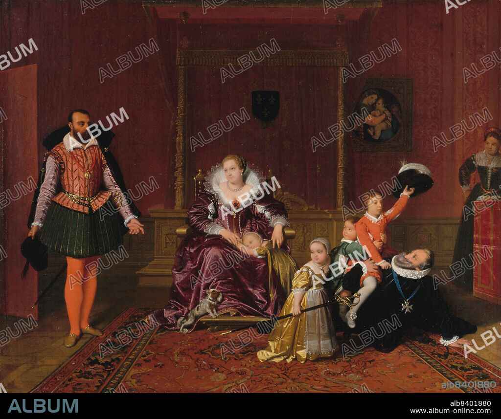 JEAN AUGUSTE DOMINIQUE INGRES. Henri IV jouant avec ses enfants au moment où l'ambassadeur d'Espagne est admis en sa présence, 1817. Henry IV Receiving the Spanish Ambassador. The king of France plays with his children as the bemused ambassador arrives. Queen Marie de' Medici sits on a throne while the children climb over her husband. Despite the familiarity of the scene, the dignity and rank of the children is indicated by the hat with the white plume, and the sword of nobility.  The presence of the Spanish ambassador, who wears the Order of the Golden Fleece, is an allusion to the Conde de Blancas, commissioner of the painting. On the back wall is the "Virgin of the chair" by Raphaël, a tribute to the Italian master admired by Ingres.