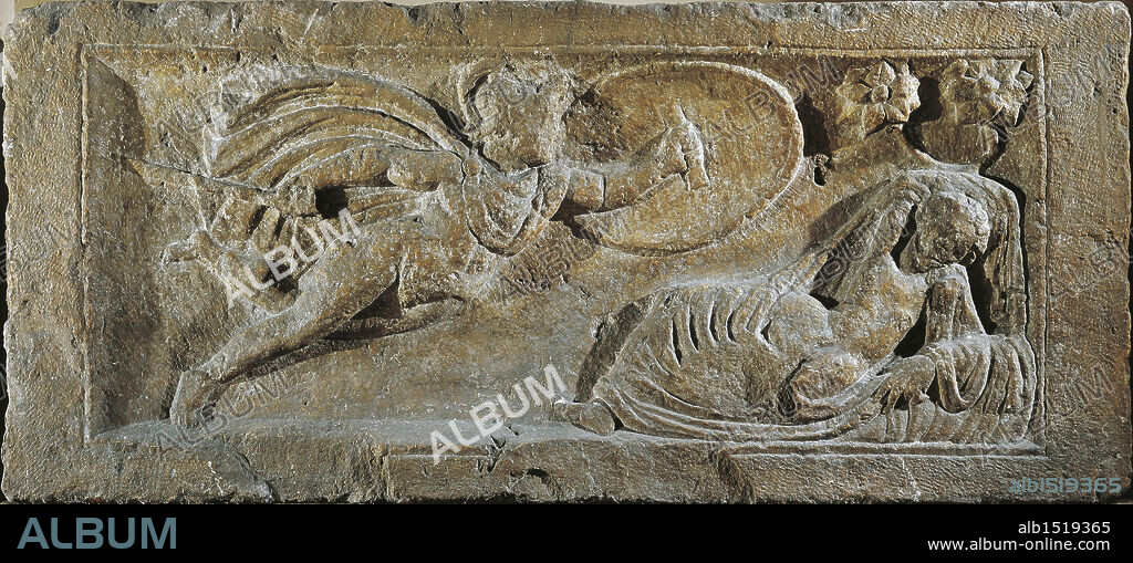 Hungary, Vac, Relief representing Mars (god of war) and Rhea Silvia (mother of Romulus and Remus)  3rd Century A.D., Hungary, Budapest, Magyar Nemzeti Muzeum (History and Art museum), Roman art.