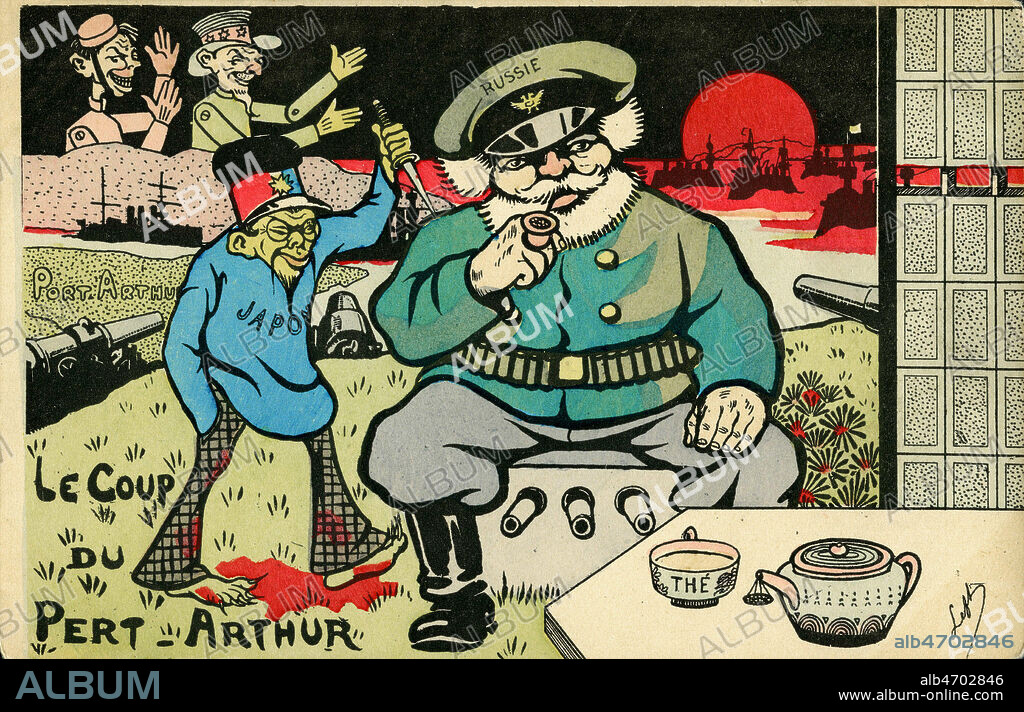 'Le coup du Pert-Arthur' : Caricature a propos de la bataille de Port-Arthur lors de la guerre russo-japonaise). Illustration anonyme pour une carte postale vers 1905. Credit : Collection IM/KHARBINE-TAPABOR.