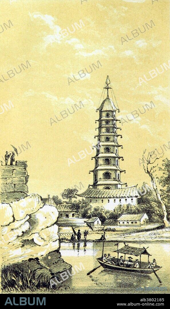 The Porcelain Tower (or Porcelain Pagoda) of Nanjing, also known as Bao'ensi (Temple of Repaid Gratitude), is a historical site located on the south bank of external Qinhuai River in Nanjing, China. It was a pagoda constructed in the 15th century during the Ming Dynasty. The tower was octagonal with a base of about 97 feet in diameter. When it was built, the tower was one of the largest buildings in China, rising up to a height of 260 feet with nine stories and a staircase in the middle of the pagoda, which spiraled upwards for 184 steps. The top of the roof was marked by a golden pineapple. It was first discovered by the Western world when 17th century travelers visited it, sometimes listing it as one of the Seven Wonders of the World. It was mostly destroyed in the 19th century during the course of the Taiping Rebellion. European Entitled: "View of the Pocelain Tower from the Grand Canal." Image taken from page 296 of An Aide-de-Camp's Recollections of Service in China, a residence in Hong Kong, and visits to other islands in the Chinese seas, 1844.