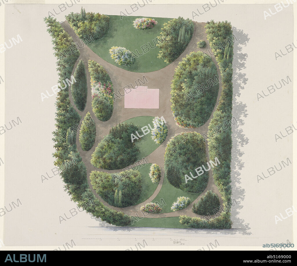 Design for a Garden, Jan David Zocher the Younger, 17911870, Pen and brown ink, brush and watercolor on cream paper, Landscape design for a canal garden in asymmetrical plan with free-form beds and serpentine walks. A combination of plan and elevation views indicate trees and flowering shrubs with accentuating colorful touches of bulbs or annuals along the edges of the beds. Blank inscription plaque top center of garden. Scale noted bottom left., Netherlands, 1856, architecture, Drawing, Drawing.