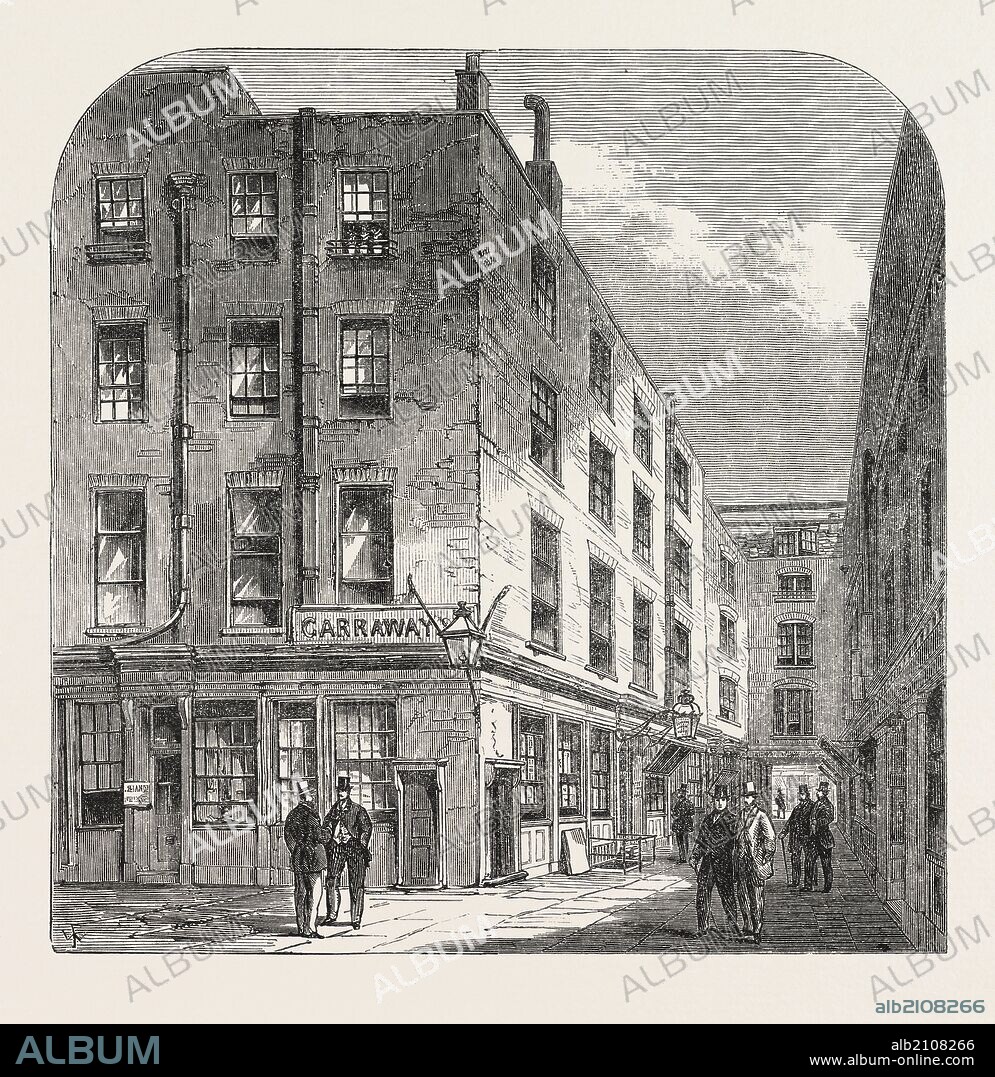 GARRAWAY'S COFFEE HOUSE, CHANGE ALLEY, London, UK, 1866. Tea was first sold here in England. Garraway's was the headquarters of the South Sea Bubble.