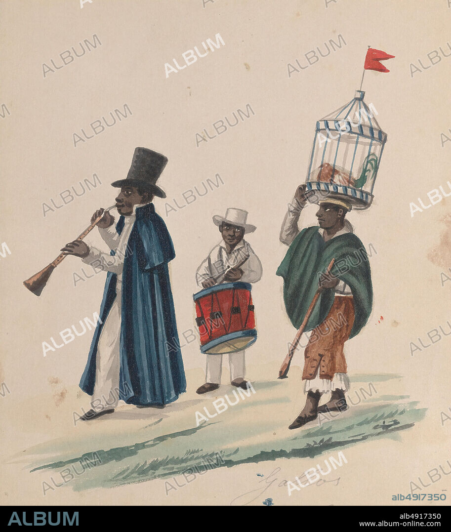 Attributed to Francisco (Pancho) Fierro, Two musicians and a man carrying on his head a rooster in cage, from a group of drawings depicting Peruvian costume, Attributed to Francisco (Pancho) Fierro (African Peruvian, 18071879), ca. 1848, Watercolor, Sheet: 9 1/16 × 7 15/16 in. (23 × 20.2 cm), Drawings.