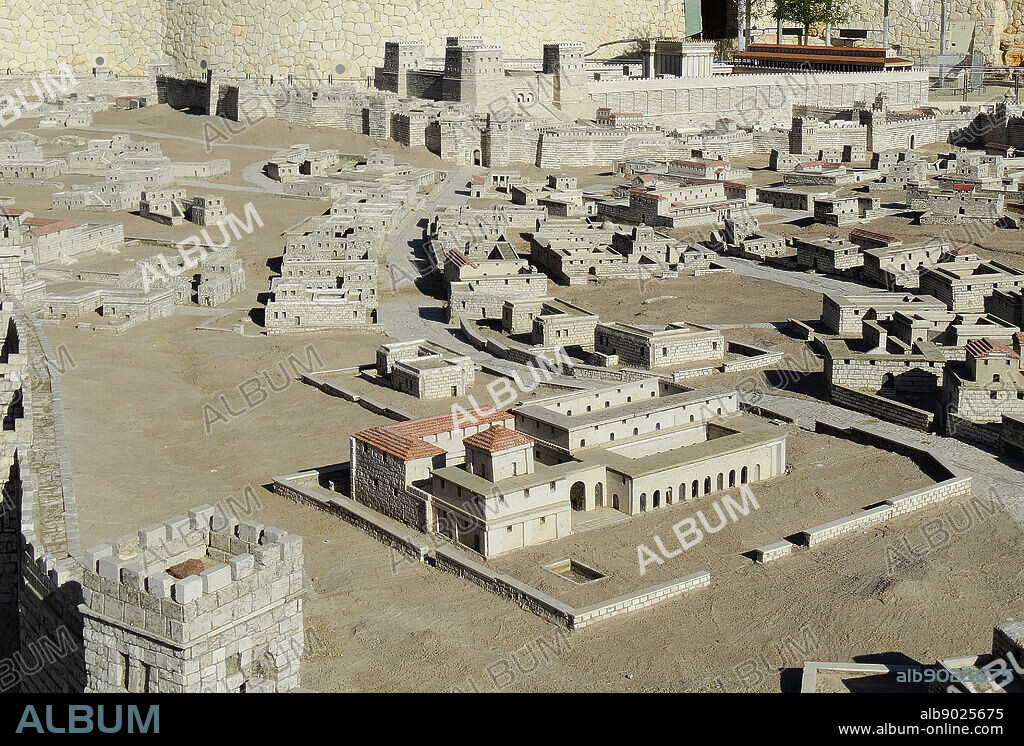 The Antonia fortress in the model of Jerusalem at the Israel Museum. The Model is a 1:50 scale-model of the City of Jerusalem in the late Second Temple Period. The model was designed by Israeli historian and geographer Michael Avi Yonah based on the writings of Flavius Josephus and other historical sources. The model includes a replica of the Herodian Temple.