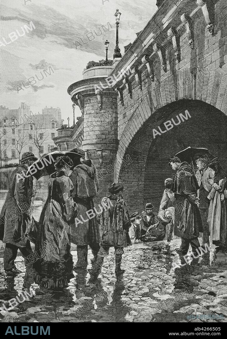 France, Paris. Removal of the body of a young suicide girl, under the arches of the "Pont Neuf". Life drawing by Pellicer. Engraving by Rico. La Ilustracion Espa–ola y Americana, 1881.