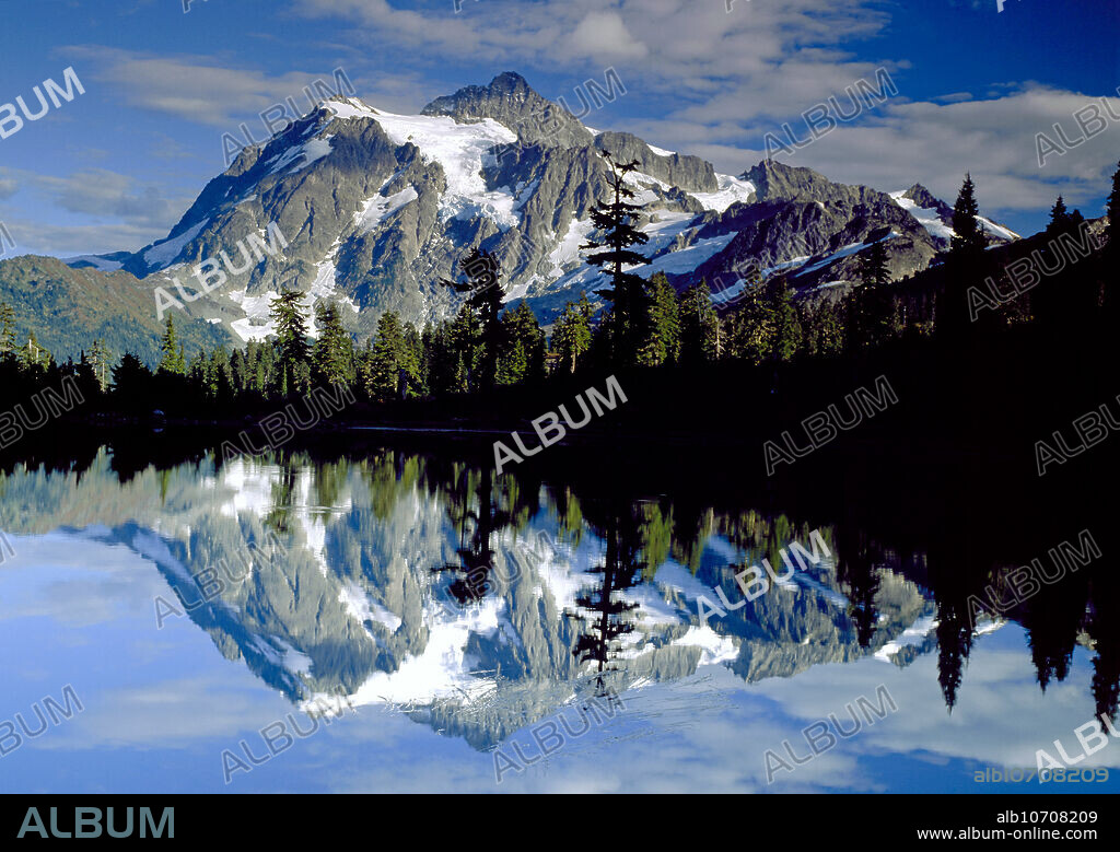 Mt. Shuksan and Picture Lake form an icon landmark in the Heather Meadows section of Mount Baker-Snoqualmie National Forest, Washington.