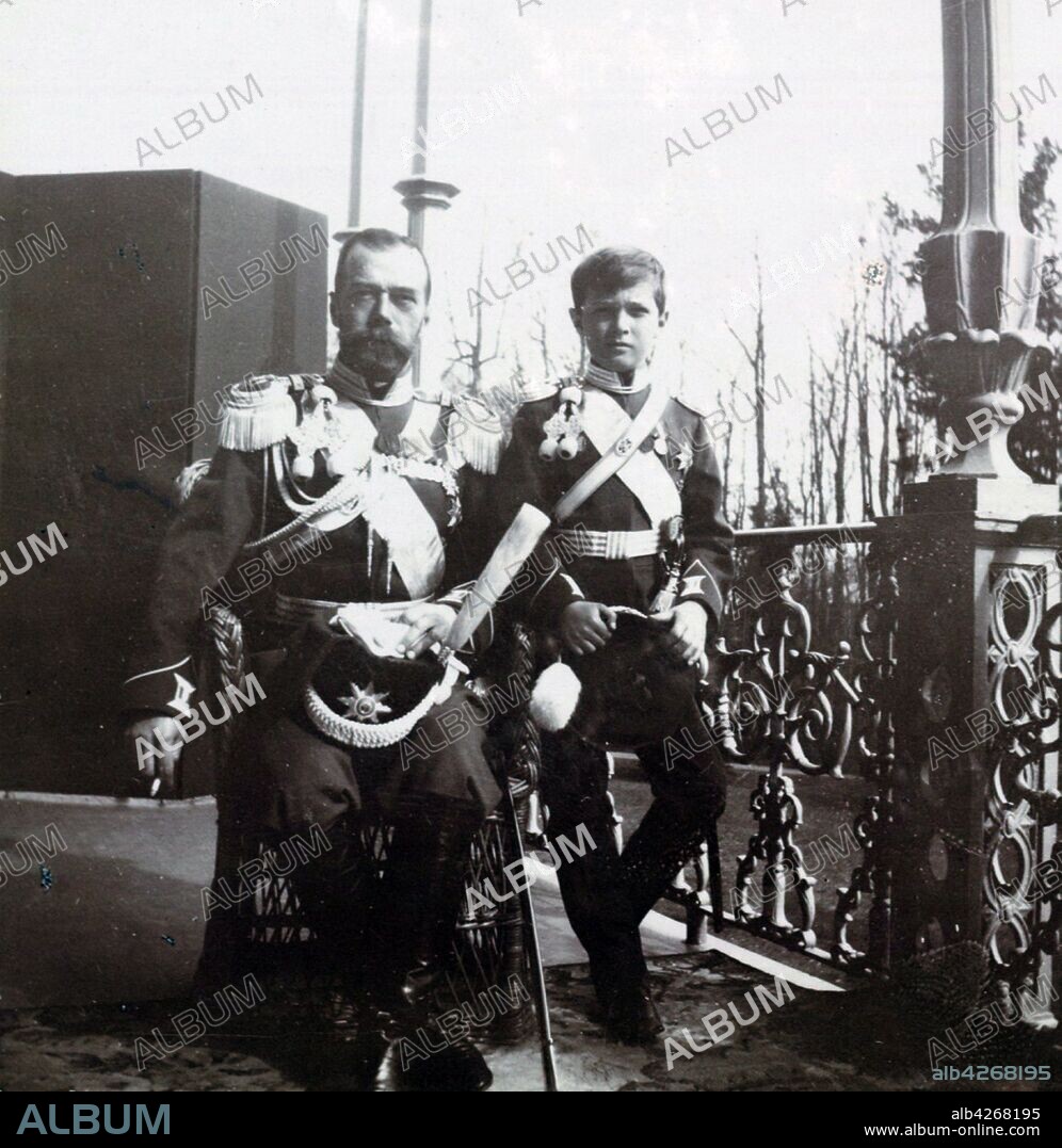 Tsar Nicholas II of Russia with his son, Alexei the Tsarevich. Alexei Nikolaevich (1904 – 17 July 1918)  the Tsarevich of the Russian Empire. He was the youngest child and only son of Emperor Nicholas II and Empress Alexandra Feodorovna. He was born with haemophilia, his mother's reliance on the faith healer Grigori Rasputin to treat the disease helped bring about the end of the Romanov dynasty.