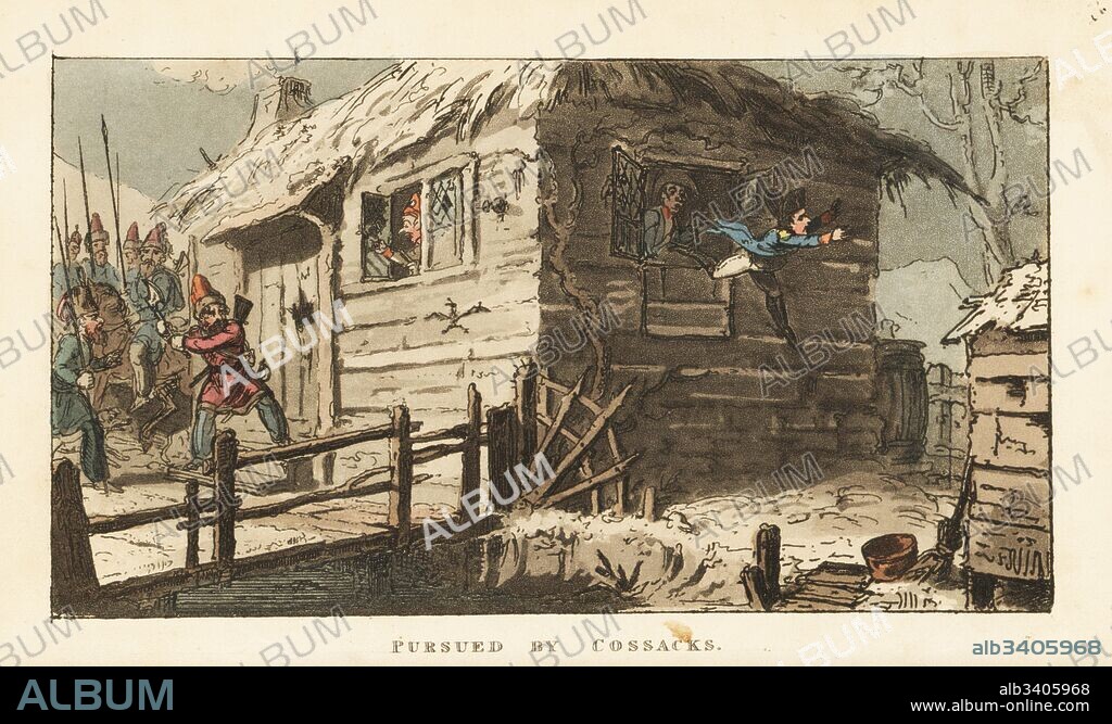 Napoleon Bonaparte escaping out of a window as the front door is smashed in by Russian Cossacks after the Battle of Leipzig, 1813. Handcoloured copperplate engraving by George Cruikshank from The Life of Napoleon a Hudibrastic Poem by Doctor Syntax, T. Tegg, London, 1815.