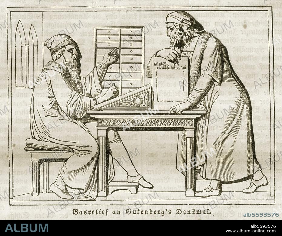 Gutenberg, Johannes Erfinder des Buchdrucks mit beweglichen Lettern; um 1397 - Mainz 3.2.1468. Gutenberg prüft die Matrize. Holzstich, 1838, nach dem Basrelief am Gutenberg-Denkmal, 1837, von Bertel Thorvaldsen in Mainz. Aus: Das Pfennig-Magazin, Bd. 6, Nr. 275, Leipzig (F.A.Brockhaus), 1838 (7. Juli). Berlin, Sammlung Archiv für Kunst und Geschichte.