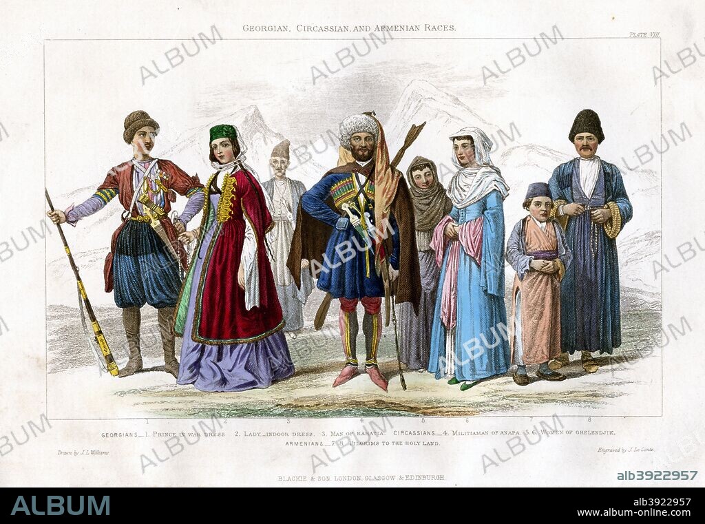 'Georgian, Circassian and Armenian Races', 1873. Georgians are a part of the Ibero-Caucasian peoples and are classified in the South Caucasian family both linguistically and culturally. The Armenians are a nation and an ethnic group originating in the Caucasus. Georgians: Prince in War Dress; Lady, Indoor Dress; Man of Kahatia. Circassians: Militiaman of Anapa, Women of Ghelendjik. Armenians: Pilgrims to the Holy Land.