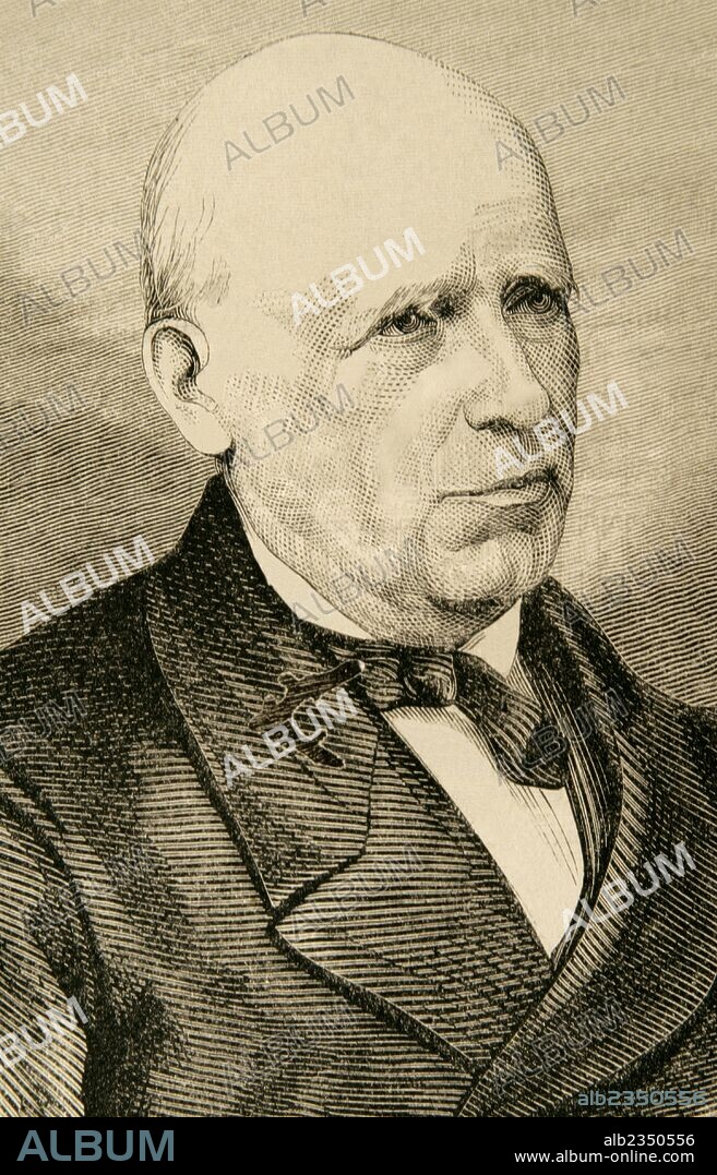MADOZ, Pascual (Pamplona,1806-Génova,1870). Político español. Fue Gobernador Civil de Barcelona, inclinándose por el proteccionismo económico que consideraba útil para los intereses de los industriales catalanes. Grabado por Paris. "La Ilustración Española y Americana", 1870.