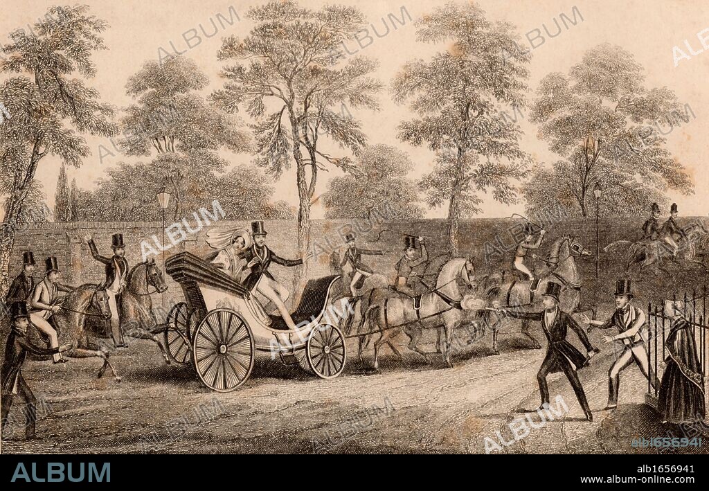 Attempted assassination of Queen Victoria (1819-1901), queen of the United Kingdom from 1837. On the evening of Wednesday 10 June 1840 Victoria and her husband Prince Albert were travelling in a carriage along Constitution Hill near Buckingham Palace, London, when Edward Oxford fired a pistol at the Queen. Engraving. (Photo by: Universal History Archive/UIG via Getty Images).