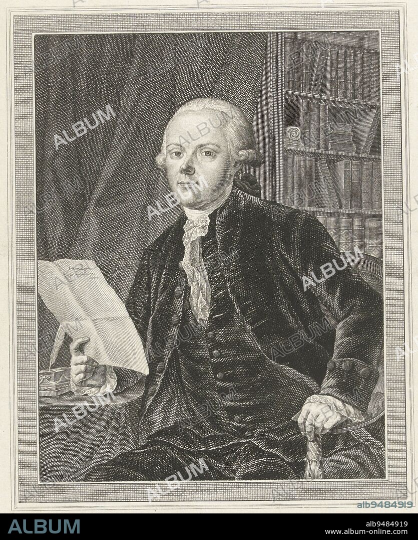 Portrait of Cornelis de Gijselaar, patriot and pensionary of Dordrecht in 1779-1787, sitting with a letter in his hand. Portrait of Cornelis de Gijselaar, print maker: Leendert Brasser, intermediary draughtsman: François Joseph Pfeiffer (I), Rotterdam, 1779 - 1793, paper, etching, engraving, h 335 mm × w 244 mm.