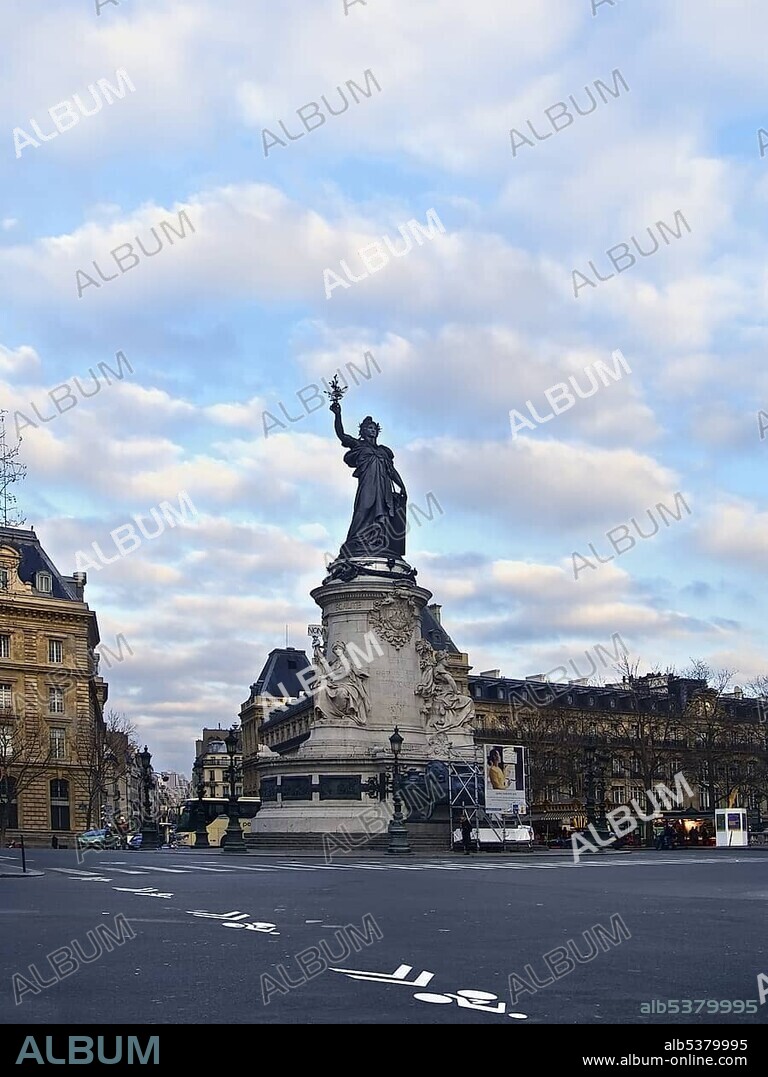 Place de la Republique square with a the statue of Marianne, at whose feet the 3 allegories of freedom, brotherhood and justice are seated, by Charles Morice, 1880, Paris, France, Europe.