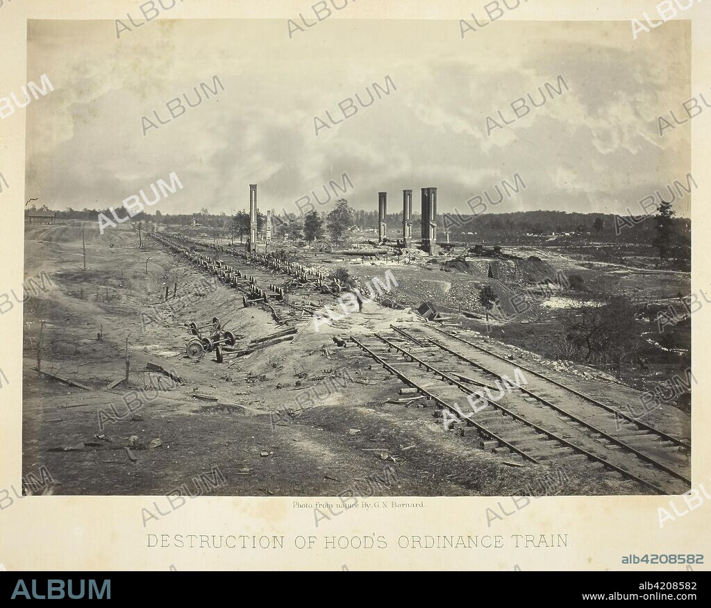 Destruction of Hood's Ordinance Train. George N. Barnard; American, 1819-1902. Date: 1864. Dimensions: 25.5 x 35.8 cm (image/paper); 41 x 51 cm (album page). Albumen print, plate 44 from the album "Photographic Views of the Sherman Campaign" (1866). Origin: United States.