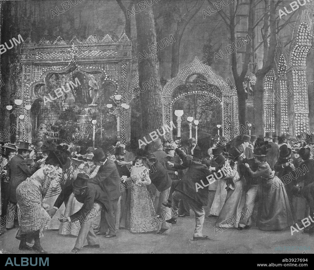 'Le Jardin Du Bal Bullier', 1900. Bal Bullier was a ballroom in Paris, France, created by François Bullier in the mid-nineteenth century. From Le Panorama - Paris la Nuit No. 1, [Librairie D'Art - Ludovic Baschet editeur, Paris, 1900].