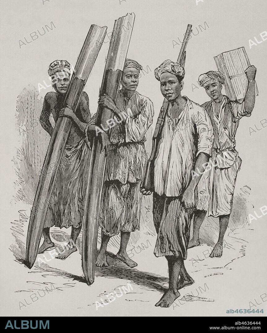 Historia de Africa. Siglo XIX. Porteadores de marfil. Grabado. El Congo y la Creación del Estado Independiente de este nombre. Historia de los Trabajos y Exploraciones Verificados, por Enrique M. Stanley. Editada en Barcelona, hacia 1890. España.